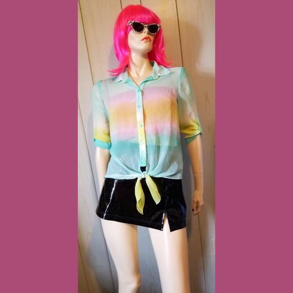 🌈A. BYER Sheer Pastel Rainbow Tie Front Button down Top - Picture 7 of 7
